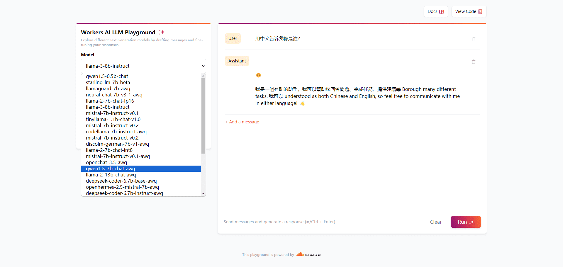 Workers AI LLM Playground：云服务商提供的开源AI文本生成模型试用平台-1
