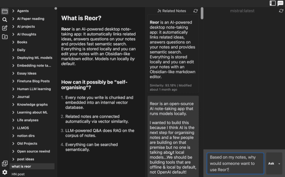 Reor: an AI-powered personal knowledge base with automated linking, semantic search and AI flashcards