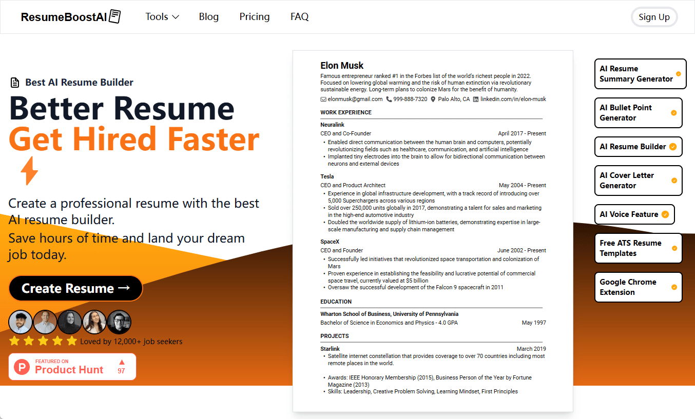 ResumeBoostAI：AI简历生成器，使用AI提升简历质量创建专业简历-1