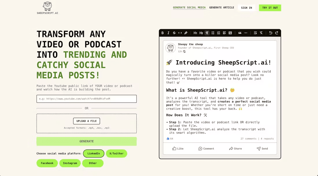 Sheepscript.AI：動画やポッドキャストをソーシャルコンテンツに変換し、コンテンツ配信の効率化を図る-1