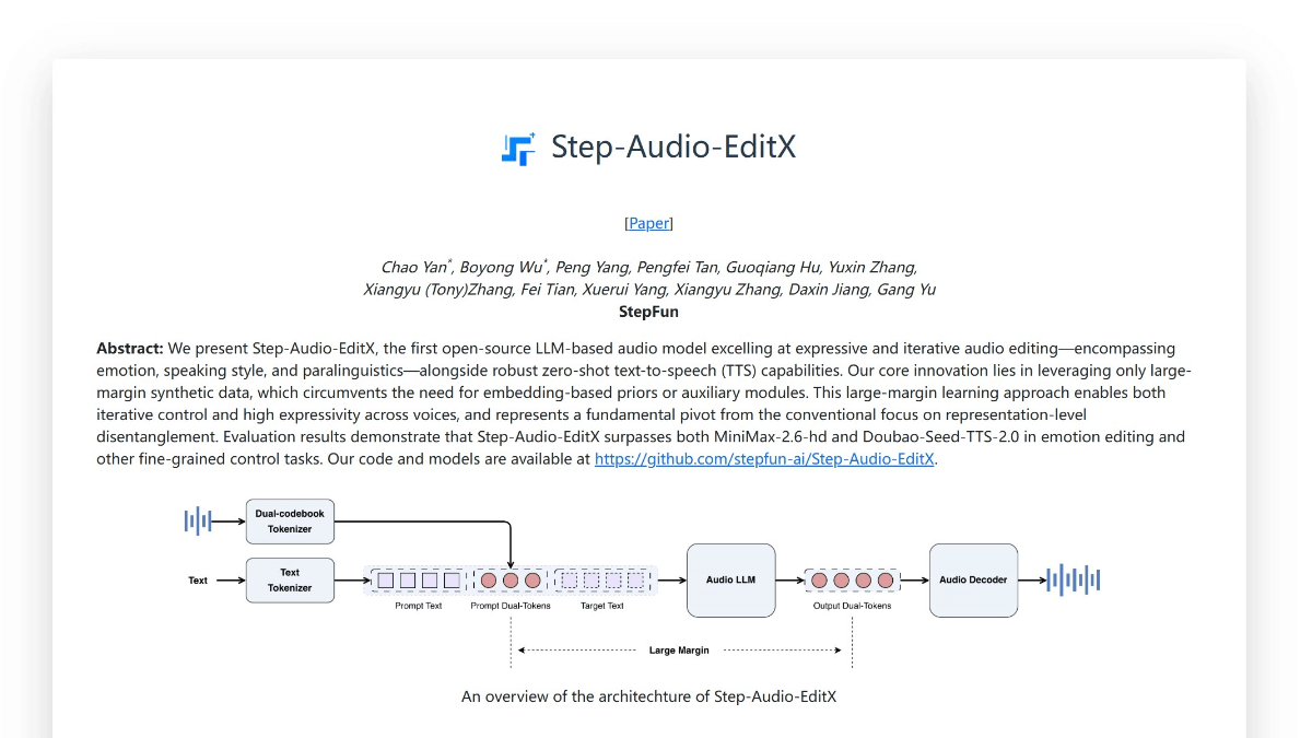 Step-Audio-EditX - 阶跃星辰开源的首个LLM级音频编辑大模型