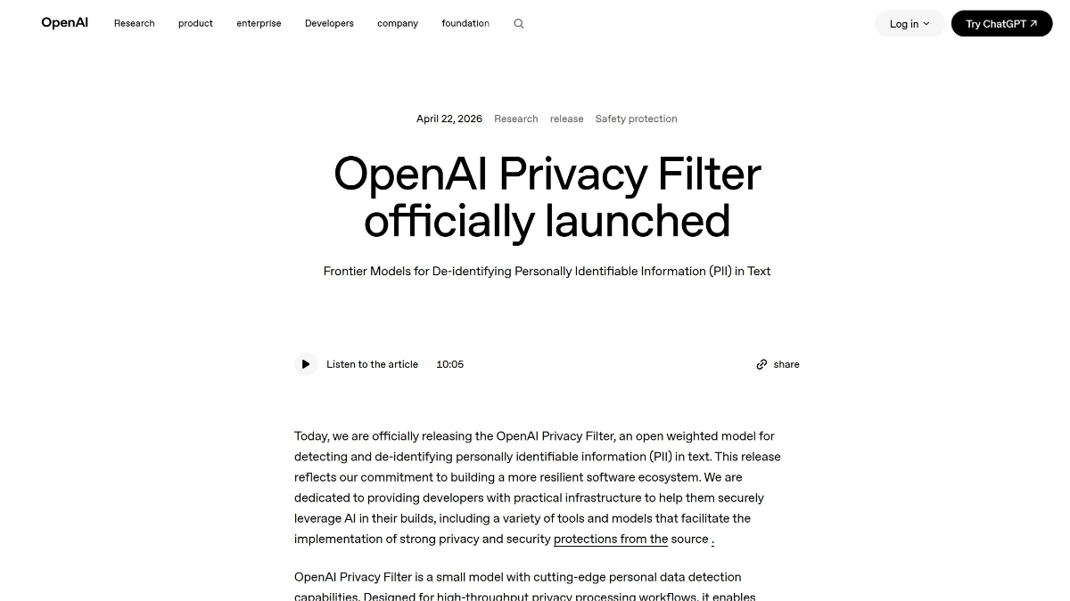 OpenAI Privacy Filter - OpenAI开源的双向token分类隐私过滤模型