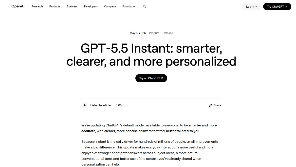 GPT-5.5 Instant - OpenAI 发布的 ChatGPT 最新默认模型