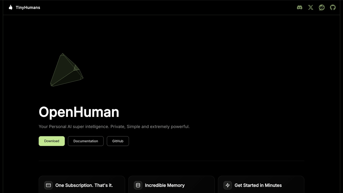 OpenHuman - 开源桌面个人 AI 助手，能主动理解用户的数字同事