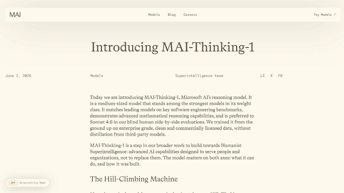 MAI-Thinking-1 - 微软AI发布的首款自研高级推理模型